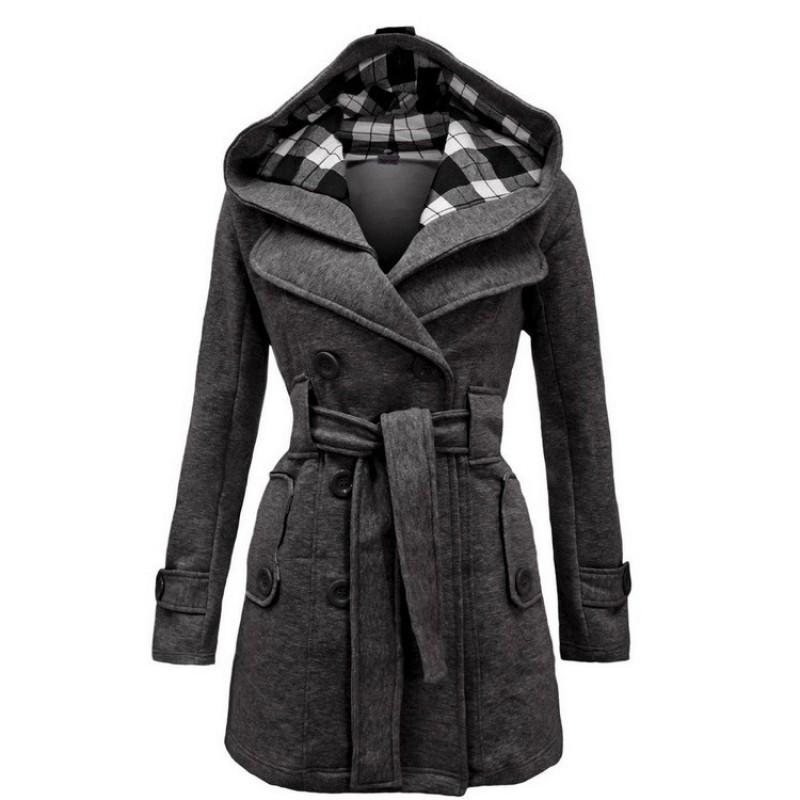Plaid Hooded Wool Blend Coat Double-Breasted Belted Long Winter Overcoat Women