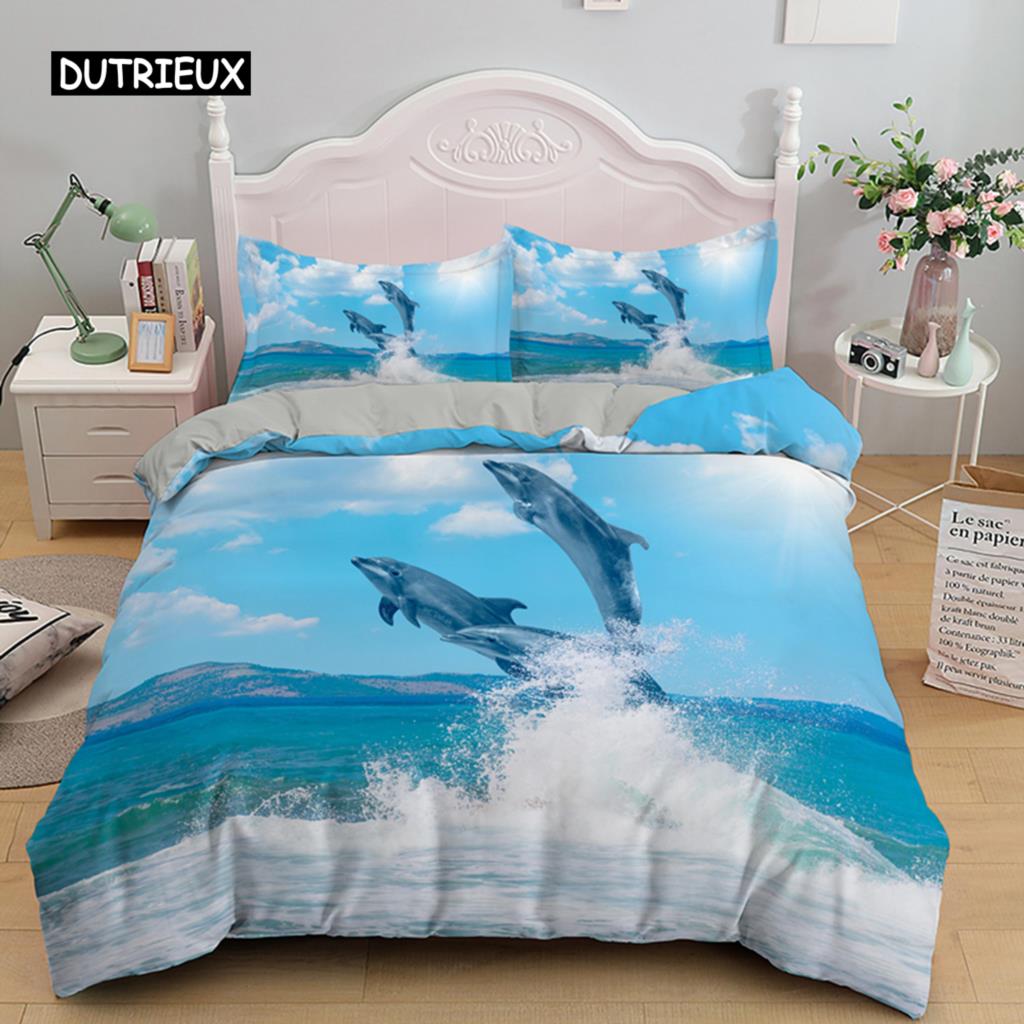 3D дельфин в синем море Queen King Size комплекты постельного белья Animal Single Quilt Duvet Cover Set Детская кровать для взрослых Полиэстеровое постельное белье