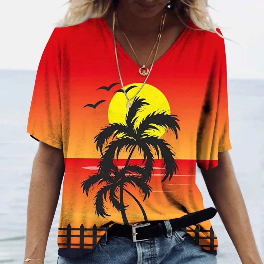 Гавайская футболка, женский топ с v-образным вырезом и коротким рукавом, футболка с принтом кокосовой пальмы, женская одежда большого размера, женский топ для отпуска