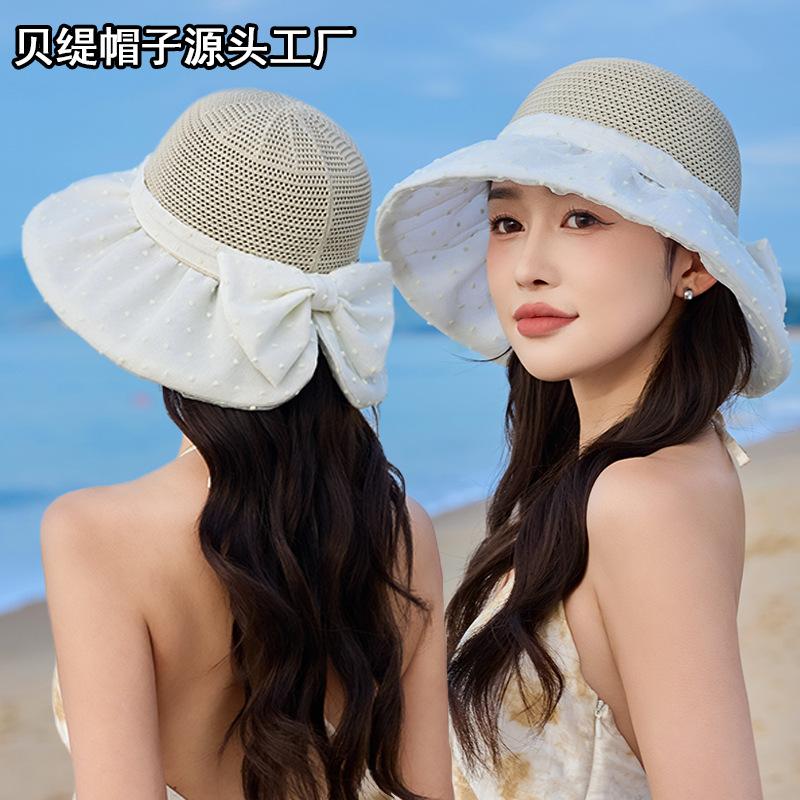 Summer hat female grass top hollow breathable bucket hat bow sun hat sun hat