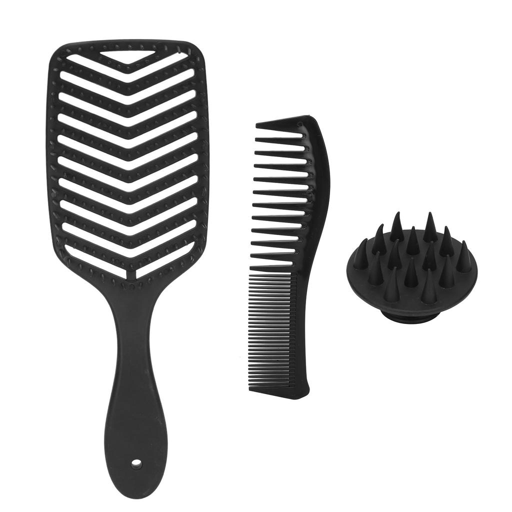 3pcs Hair Comb Set Easy Detangling Hollow Out Comb Wide Teeth Comb Hair Washing Brush Black