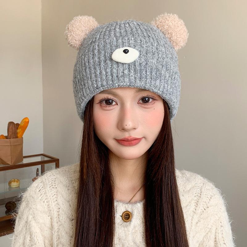 Cute Cartoon Bear Wool Knitted Hat for Female Students, Seasonal Cold Hat, Big Head Circumference, Warm Ear Protector