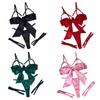 Ruffle Underwear Three Piece Set Hollow Out Women Lingerie Set Pajamas Satin Silk Bra Suit  Gifts