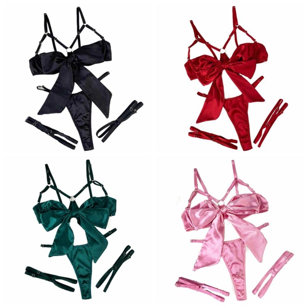 Ruffle Underwear Three Piece Set Hollow Out Women Lingerie Set Pajamas Satin Silk Bra Suit  Gifts