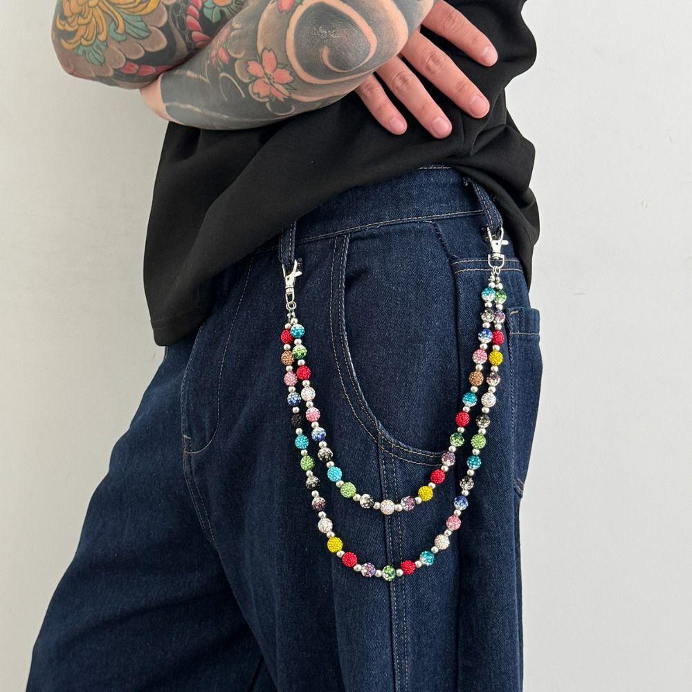 Gothic Colorful Rhinestone Bead Waist Chain Jeans Chain Pants Chain Goth Punk Belt Chain Female