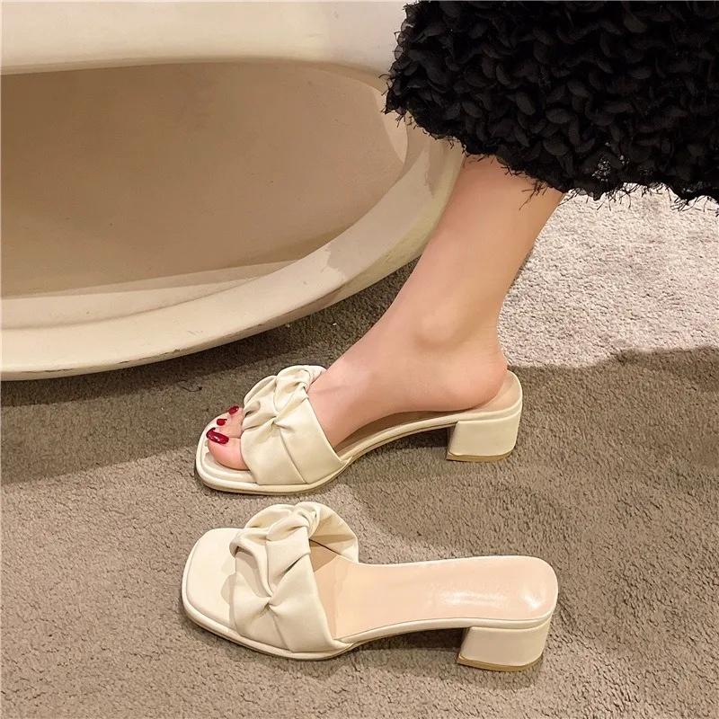Women Pleated Slippers Sandals Ladies Soft Comfortable Sexy Thick High Heel Sandals Green Heels Slides