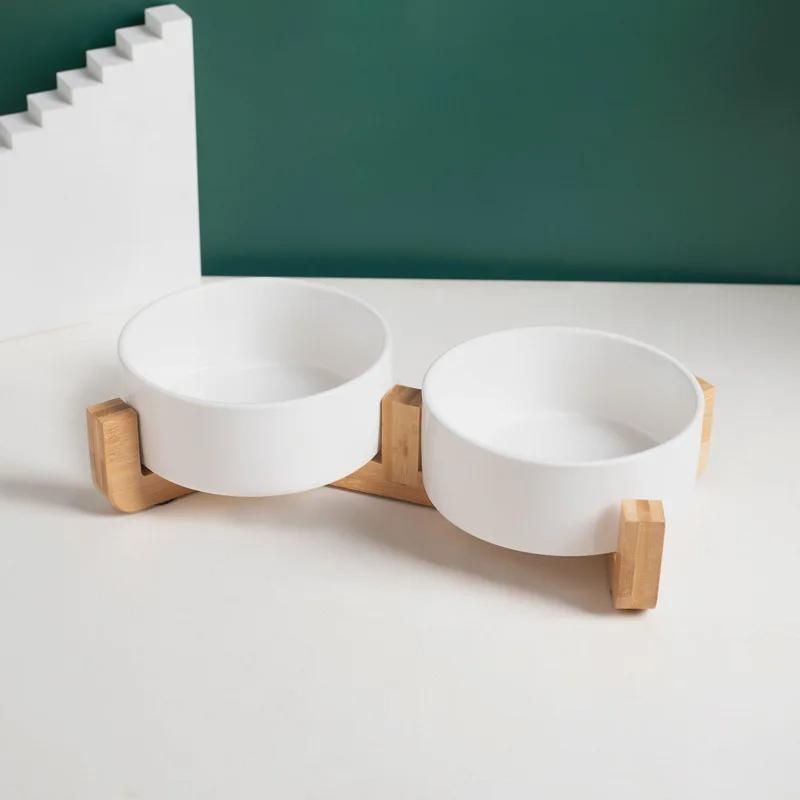 Pet Ceramic Double Bowl with Wooden Frame - Anti-Slip Cat Dog Food and Water Dish, Non-Spill Pet Feeding Supplies