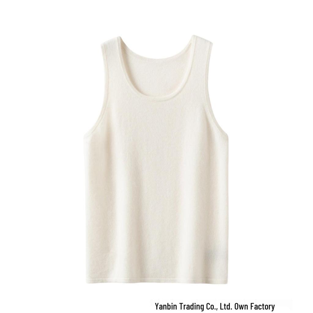Women's Cashmere Sleeveless Camisole: Low-Neck Knit Top in Winter White, Blue, Green, Velvet, and Rice Colors.