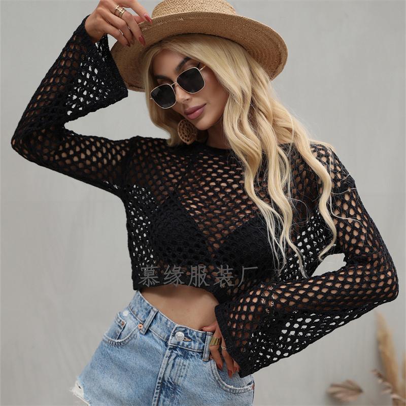 Весна и Лето Новый Пуловер Вязаный Свитер Рукав-труба Свободный Круглый вырез Ажурный Свитер Женский