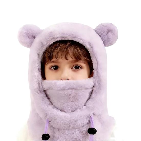 Детская лыжная шапка однотонная, с декором в виде медвежьих ушек, 3-в-1, с защитой лица, шарфом и головным убором, ветрозащитный флисовый головной убор для холодной погоды с регулируемыми шнурками