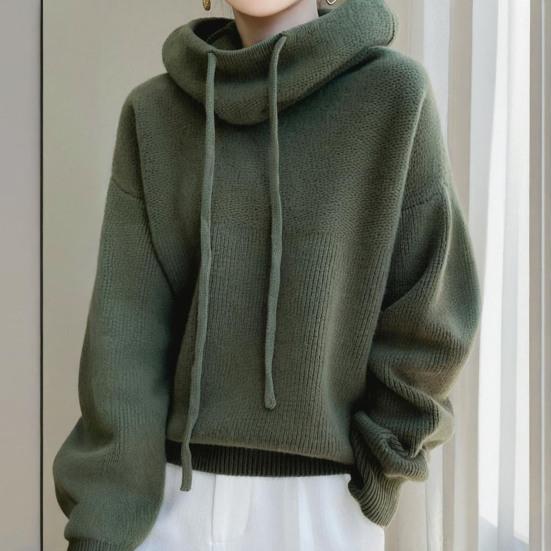 Women Sweater Pile Collar Drawstring Hooded Long Sleeve Knitting Tops Solid Color Casual Loose Fit Knitwear