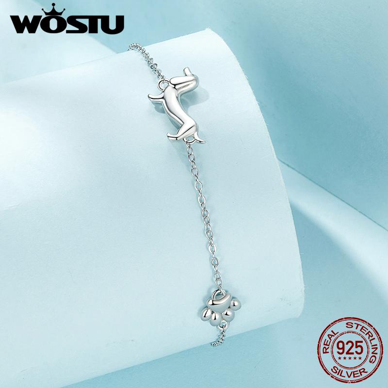 WOSTU Стерлингового Серебра 925 пробы, милый браслет с подвеской в ​​виде собаки таксы для женщин, оригинальный регулируемый браслет в виде лапы животного с домашним животным, семейный подарок, ювелирные изделия