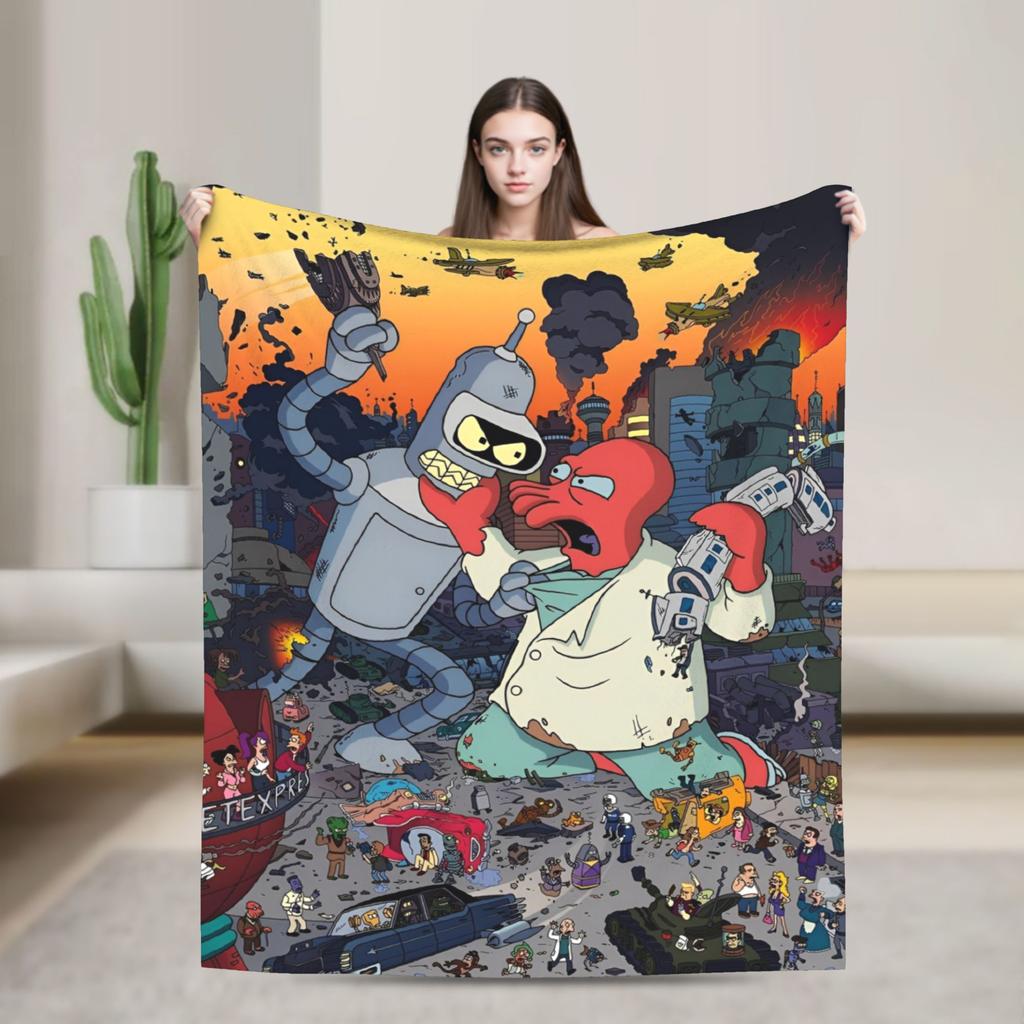 Bendered Robot Fry Leela Cartoon Blanket Planet Express Flannel Throw Blankets Bedroom Sofa Decoration Thin Bedspread Portable