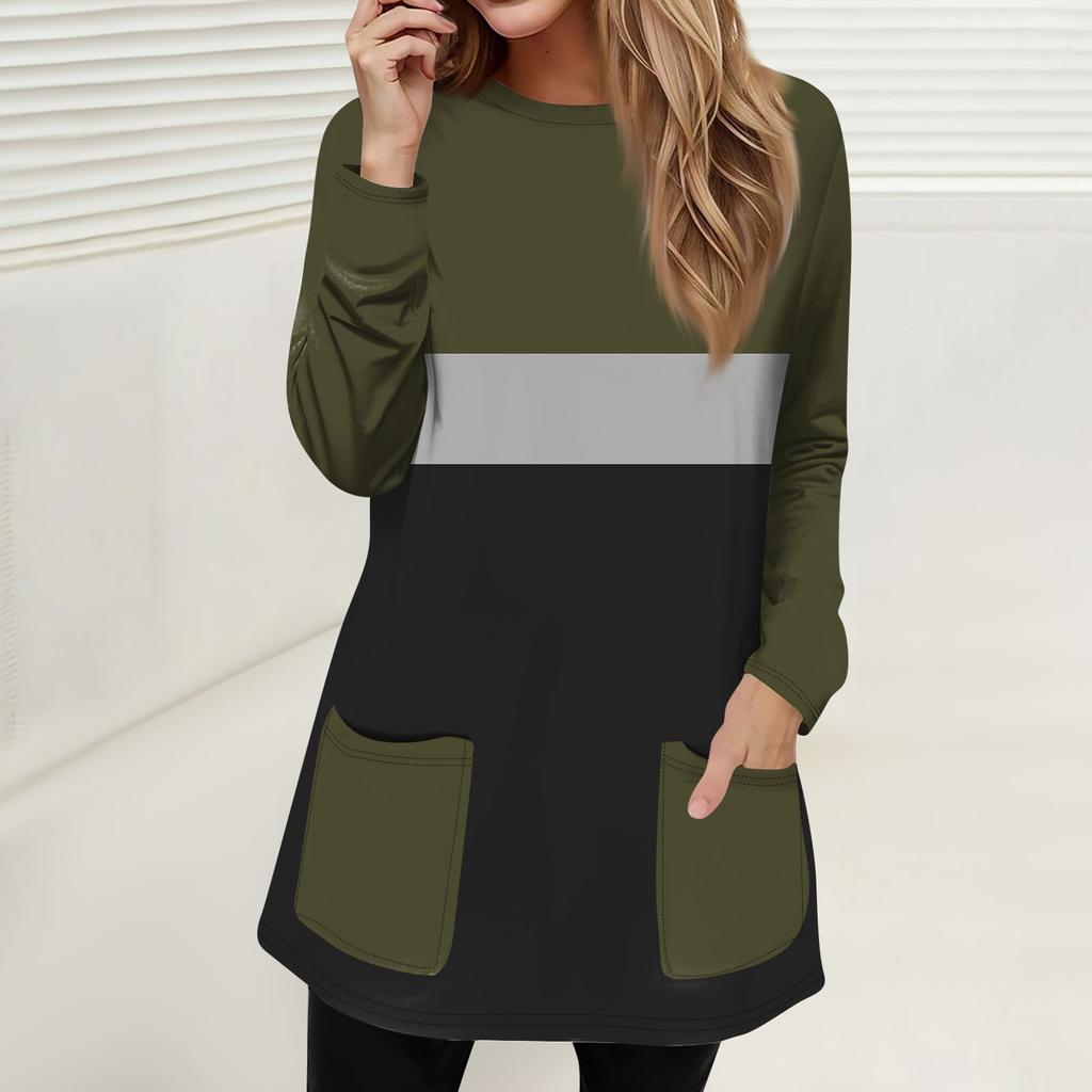 Женская мода повседневный свитер футболка с круглым вырезом карман полосатый пэчворк принтованный топ с длинным рукавом