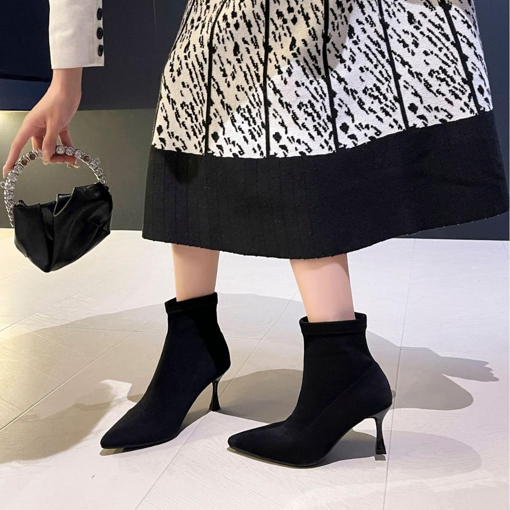 Модные женские ботинки на высоком каблуке 7 см, новые осенне-зимние, европейские и американские, с острым носком, на тонком каблуке, тонкие ботильоны, замшевые эластичные ботинки-носки