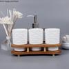 Белый керамический набор для ванной комнаты из 3 предметов, деревянная рамка, бутылочка для лосьона, стаканчик для рта, деревянный держатель для зубных щеток, принадлежности для ванной комнаты, набор для мытья