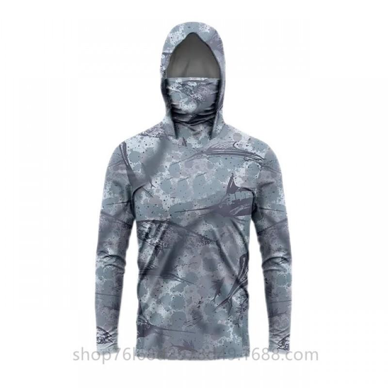 Mens Ice Silk Long Sleeve Fishing Shirt With Integrated Camo Face Cover Hood UPF50 Sun Protection Lightweight Quick Dry