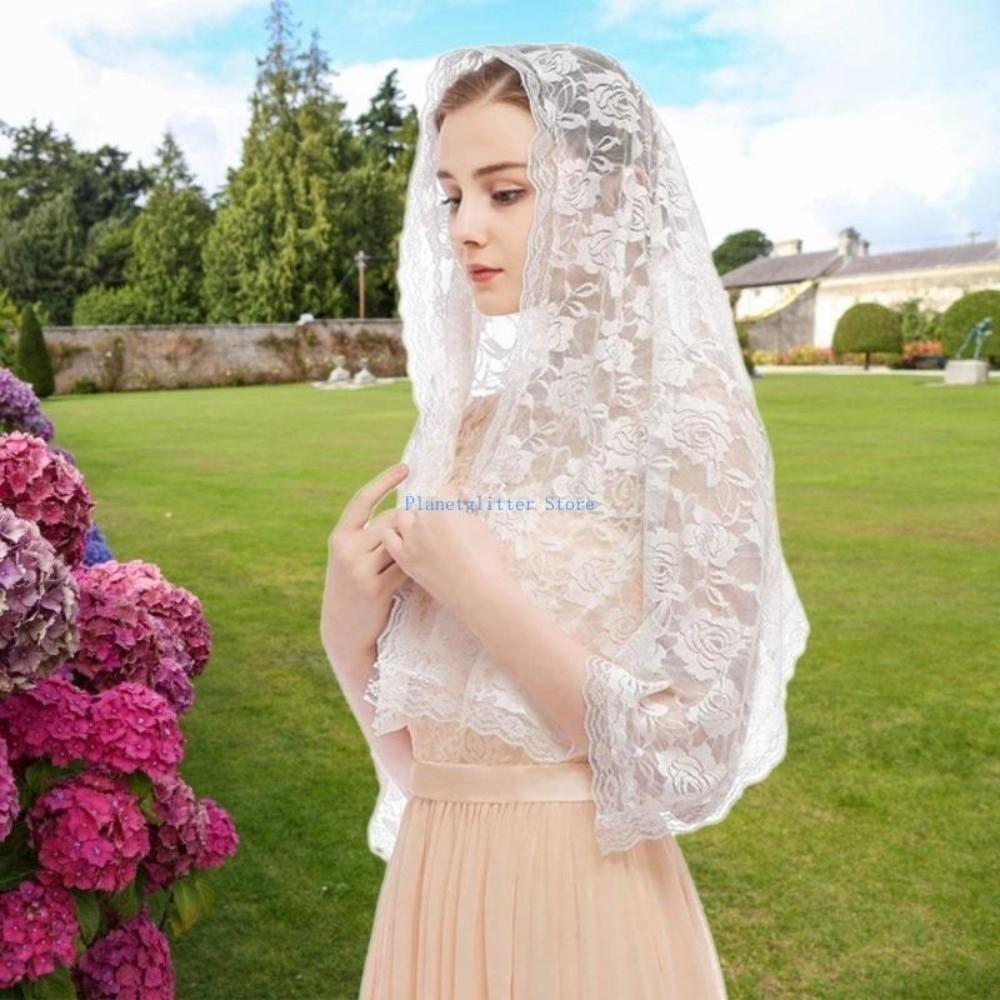 Lace Trim Wedding Lace Shawl Elegant Bride Head Gauze Fashion Mantilla Headwear Scarf  Church