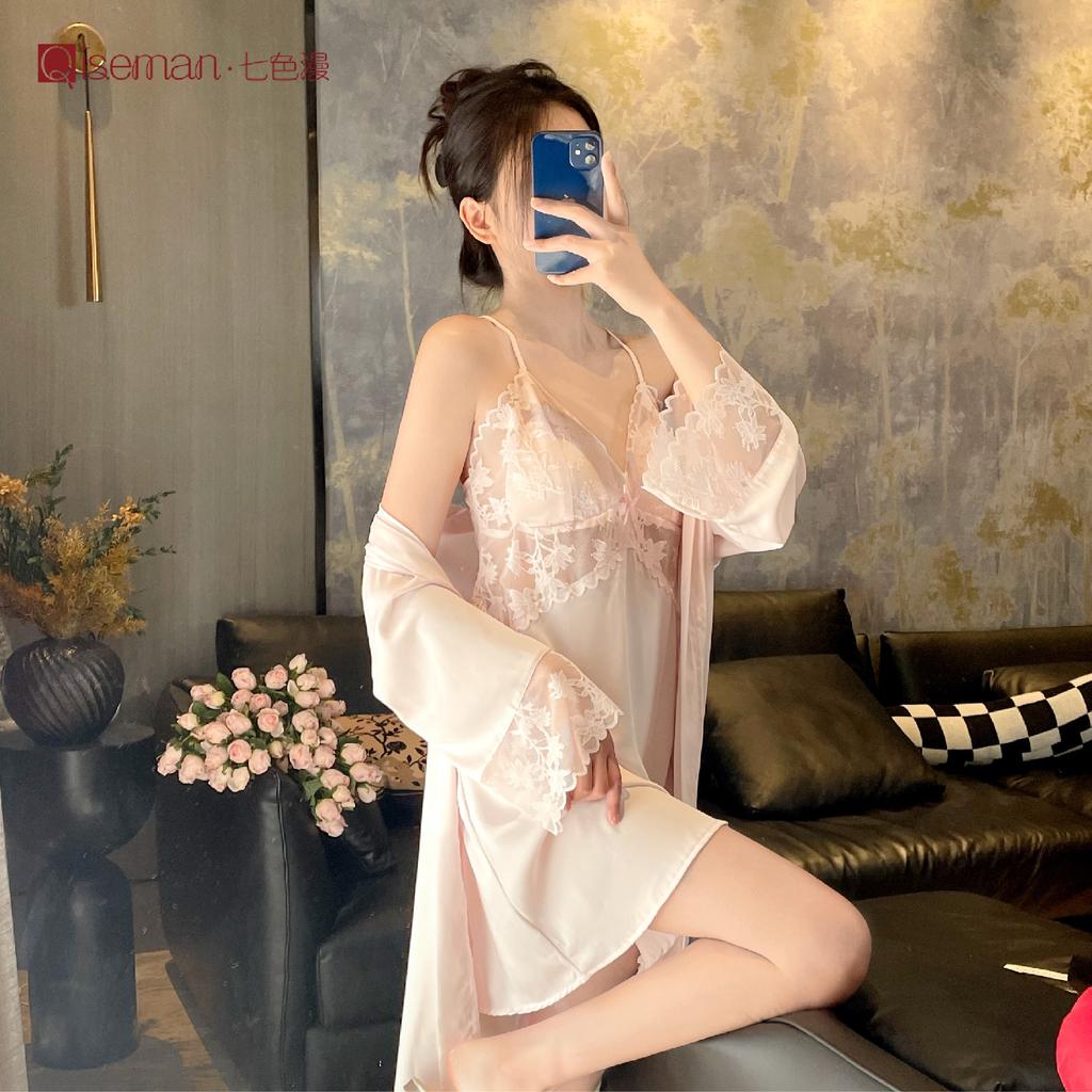 Acetate suspender nightgown two-piece set French sexy with chest pad loungewear lace girl premium pajamas