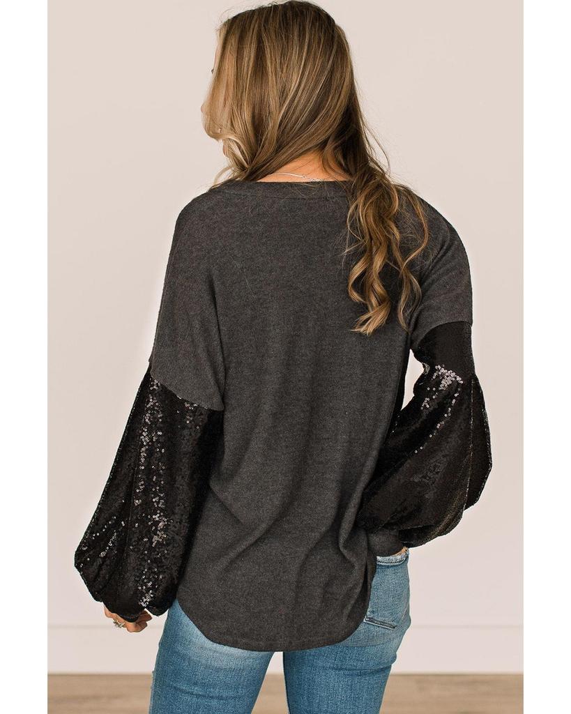 Azura Exchange Черный трикотажный топ размера плюс с пайетками и рукавами-фонариками и V-образным вырезом