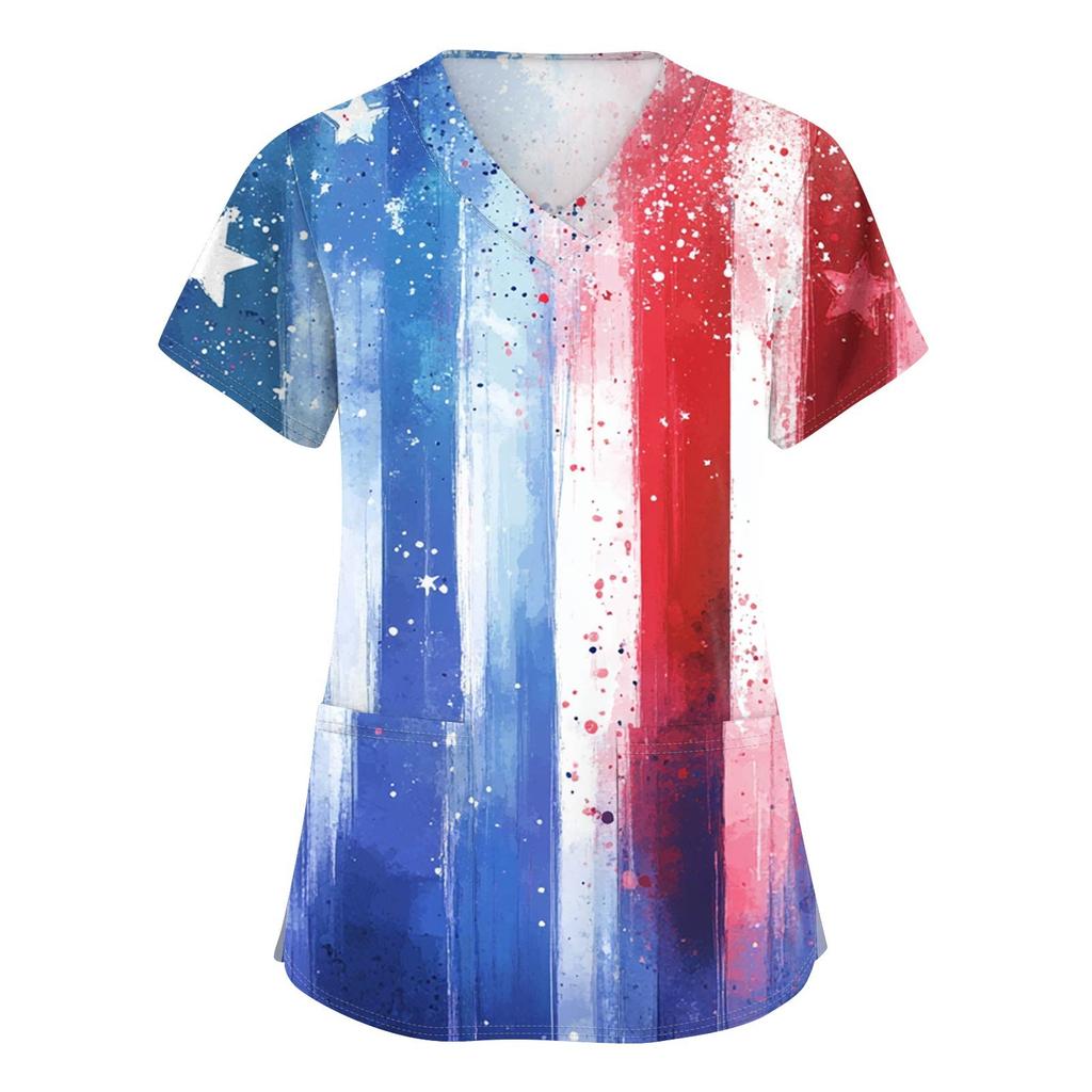 Women's Short Sleeve Independence Day Printed V-Neck Pocket Workwear Top
