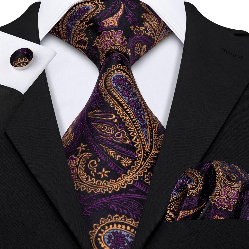 Hi-Tie Fashion Mens Wine-Red Paisley Necktie Hanky Cufflinks for Business Wedding