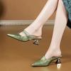 FHC 2024 Новые шлепанцы на среднем каблуке из микрофибры, женские тапочки, летняя обувь, закрытый острый носок, слипоны, зеленый, серебристый, дропшиппинг