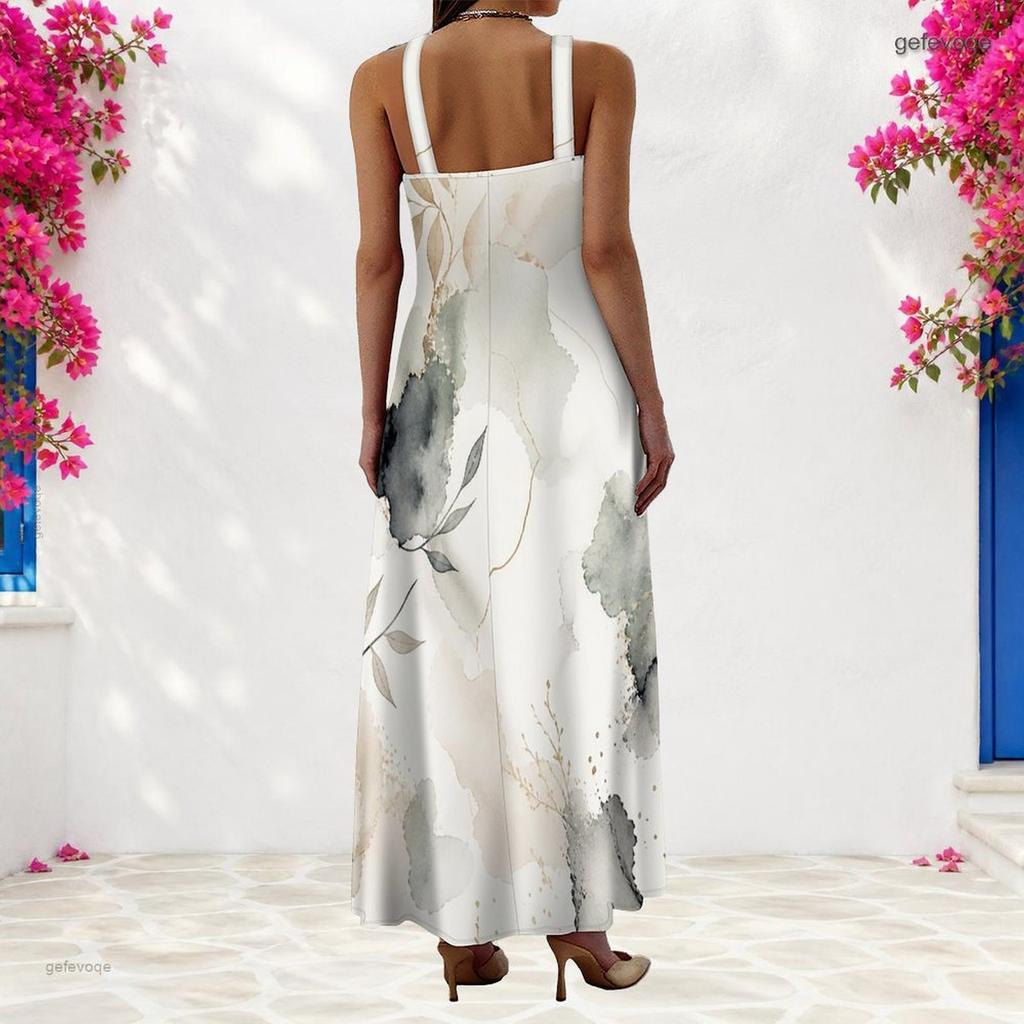 Women Plus Size Scoop Neck Strappy Sleeveless Abstract Print A Line Maxi Dress