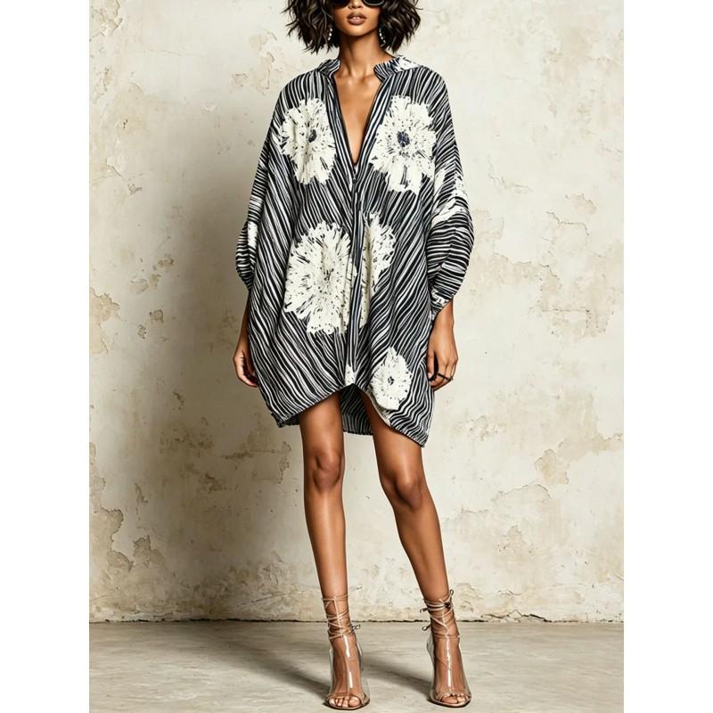 2026 Womens Loose V-Neck Batwing Sleeve Printed Midi Dress Casual Elegant Style