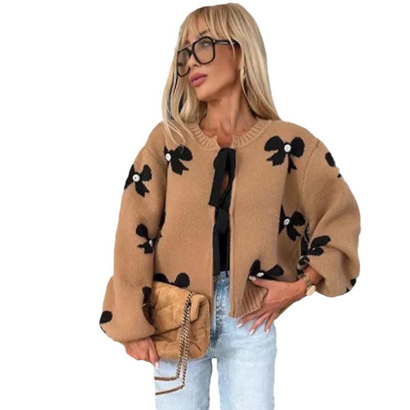 Свитер со шнуровкой и бантом, вязаное пальто для женщин, свободный повседневный короткий кардиган для поездок на работу, осенняя уличная одежда, круглый вырез, трикотажные топы