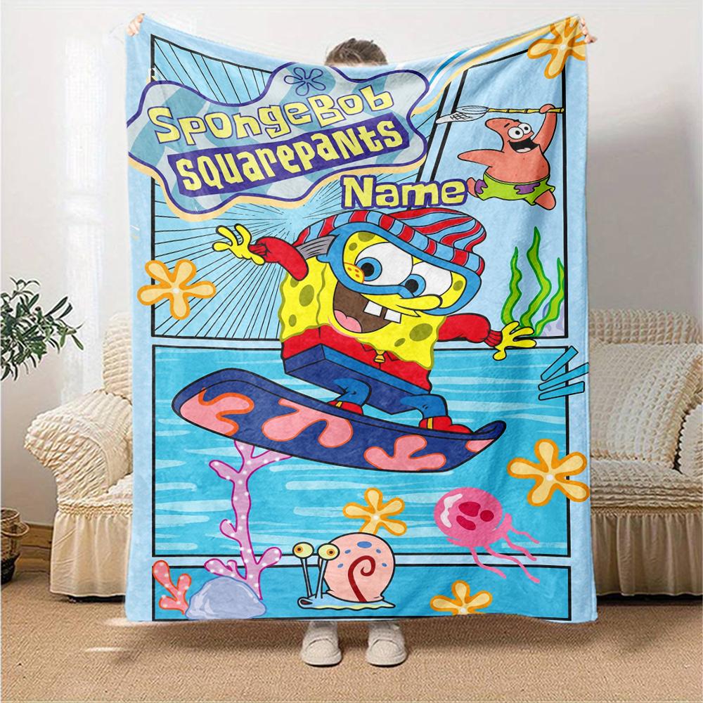 Custom Name Spongebob Squarepants Theme Printed Blanket Perfect For Couch Bed Travel Outdoor Use Machine Washable Cozy Durable