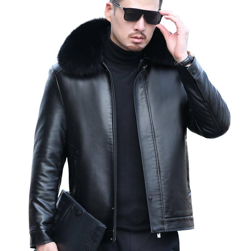 Winter New Middle-aged Men's Fur Integrated Genuine Leather Jacket Men's Velvet Thickened Lapel Leather Jacket Men's Coat