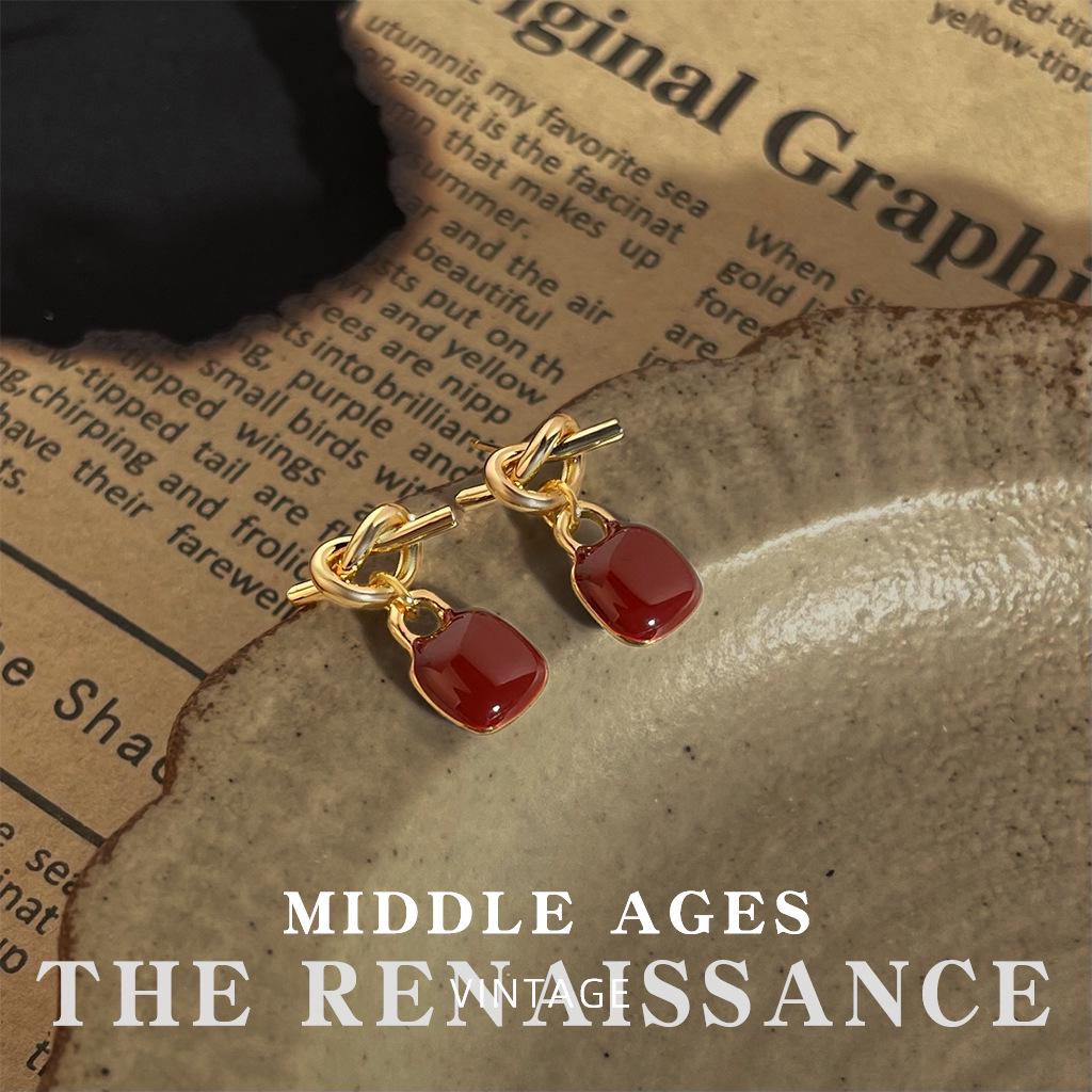 Vintage Burgundy Red Enamel Drop Earrings - Retro French Style Studs