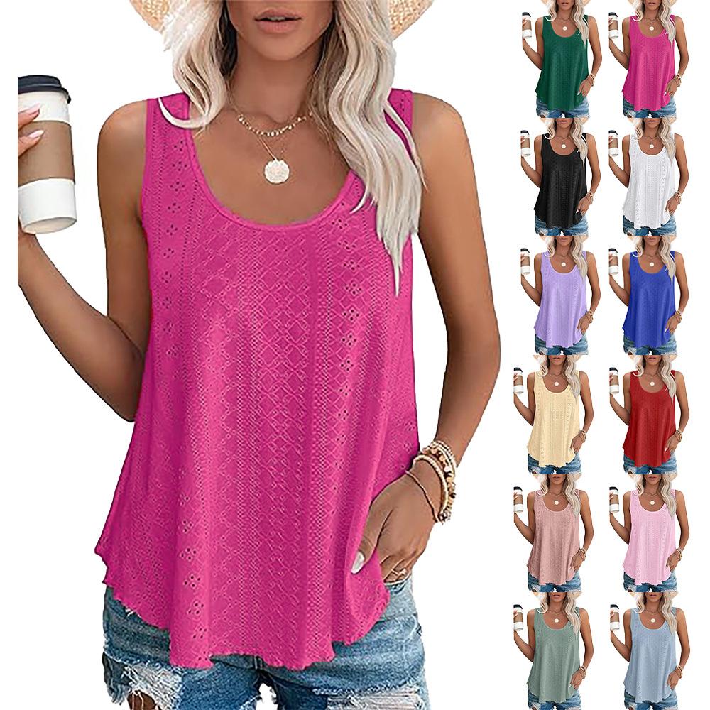 Women's Round Neck Sleeveless Tank Top Loose Fit Elegant Commuter Eyelet Hollow Out Vest Solid Color Casual Summer Blouse For Daily Wear