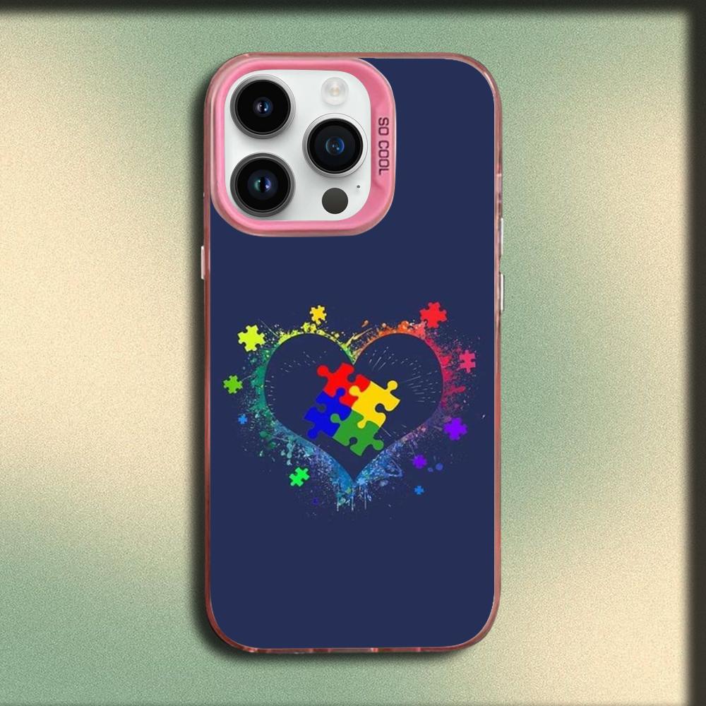 Чехол-пазл для поддержки аутизма для iPhone 16,15,14,13,12,11,Mini,Pro,MAX Розовый Матовый Силиконовый Чехол