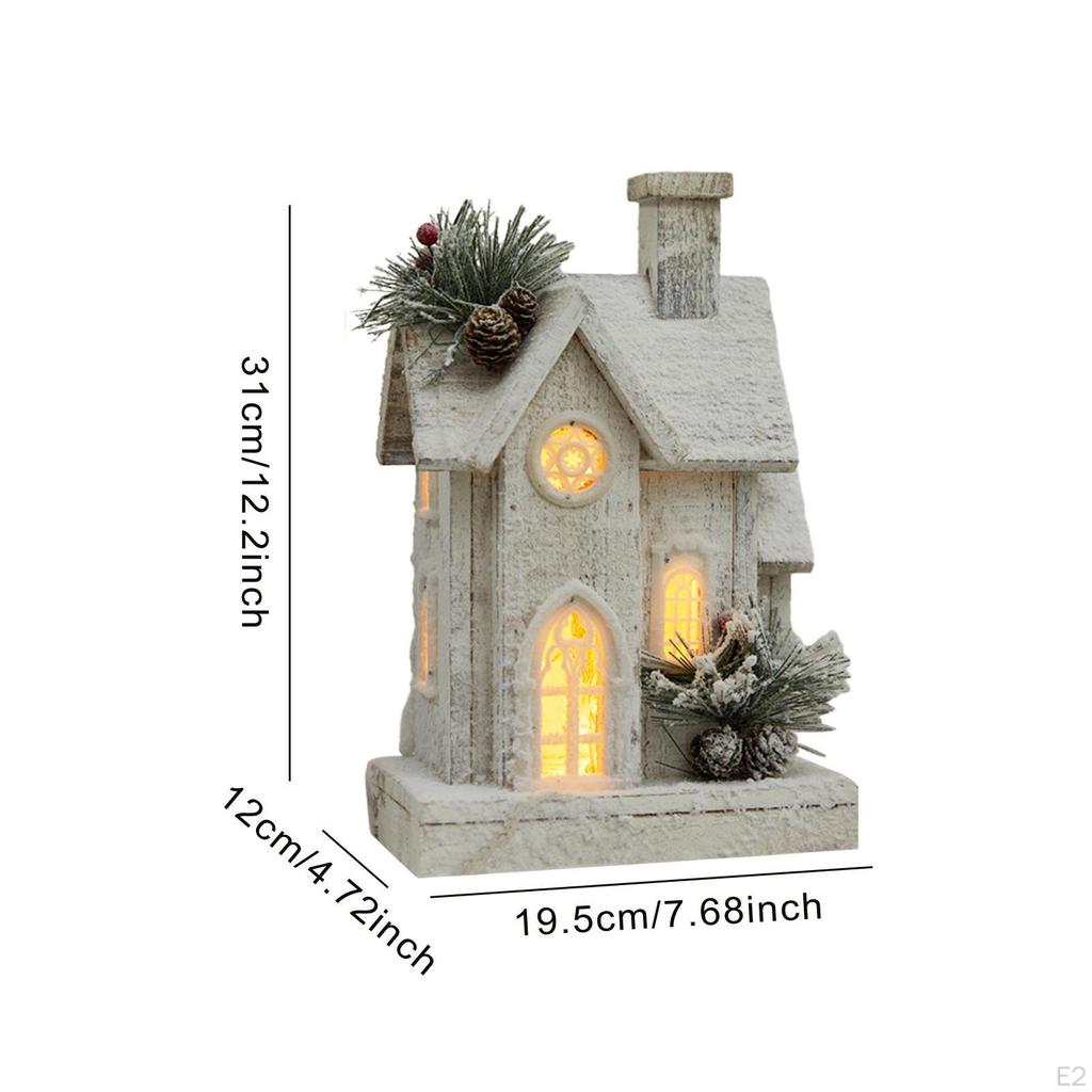 Christmas Snow House Statue Decor with Light, Craft, Wooden Village Figurine,