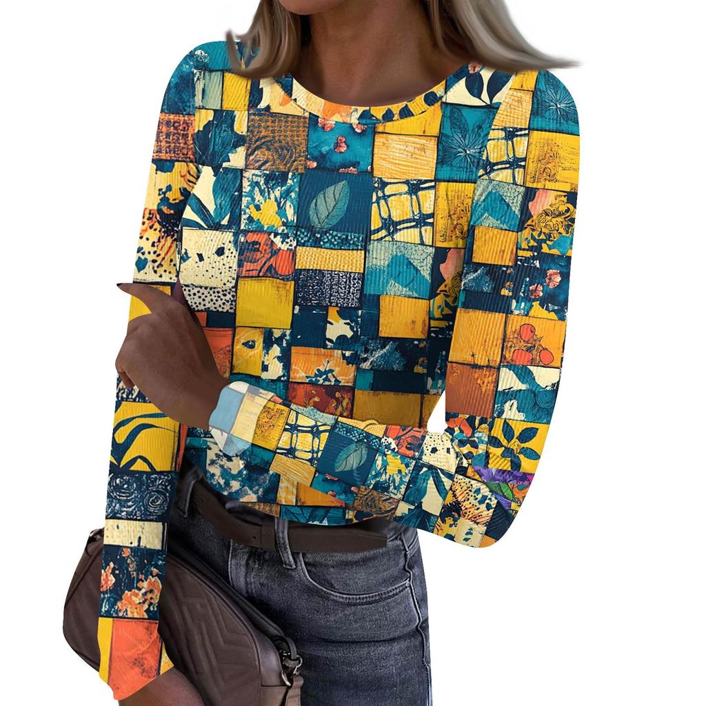 Женская и зимняя футболка с тонким низом, модная повседневная футболка с градиентным принтом и круглым вырезом, пуловер с длинным рукавом