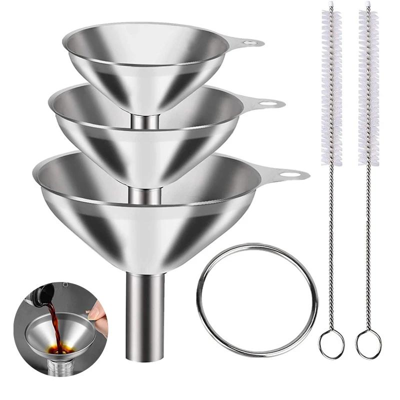 5PCS Stainless Steel Funnels Set Food Grade Metal Funnels With Cleaning Brush For Filling Bottles Kitchen Oil Liquid Filter Tool