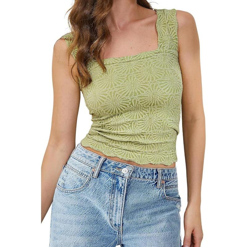Summer Women's High Stretch Skinny Jacquard Square Neck Sleeveless Vest Women's Tops