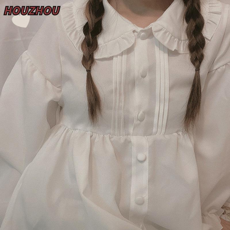 Платье Kawaii Sweet Lolita, белые платья с длинными рукавами, весна-осень, оборки, воротник Питера Пэна, свободное платье на пуговицах в консервативном стиле