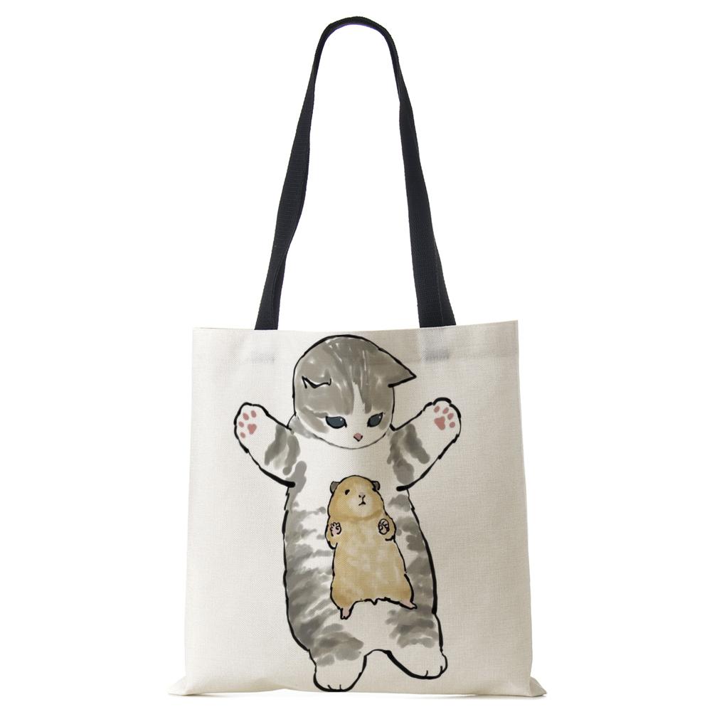 Женская сумка с милым животным кошачьим принтом, повседневная складная сумка-тоут для покупок в стиле Харадзюку, многоразовые сумки на плечо большой емкости