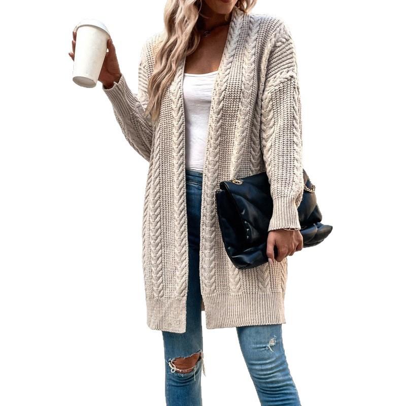European Women's Cable Knit V-Neck Cardigan - Solid Color, Loose Fit, Long Knitwear.
