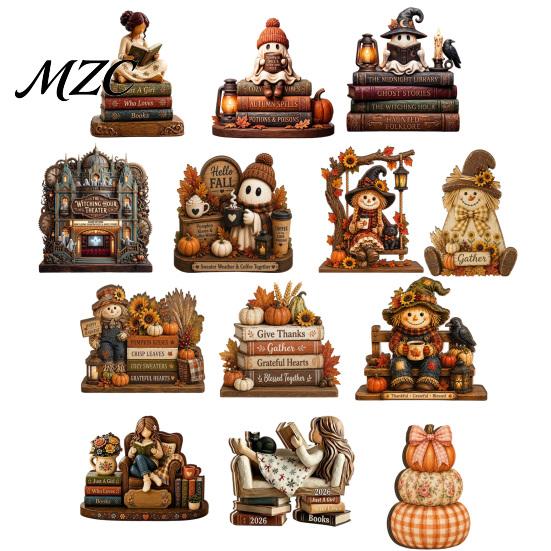 Thanksgiving Tiered Tray Ornaments Wooden Autumn Figurine for And Halloween Decor, Retro Fall Reading Character Scarecrow Witch Statues Home Tabletop