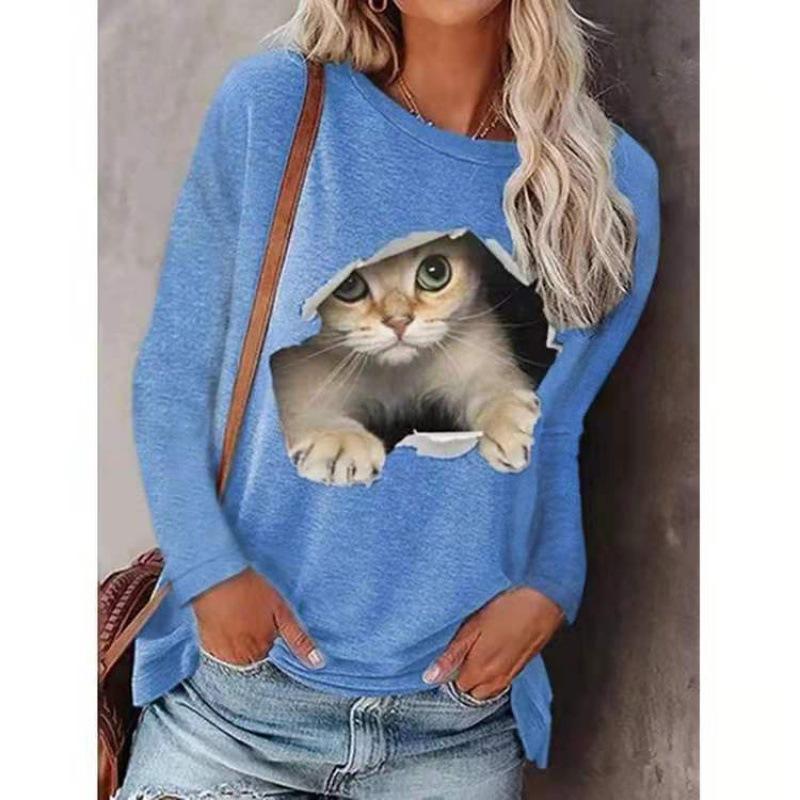 YYFS Women's Fashion Casual Spring Fall Cat Print Long Sleeve O Neck Blouses & Shirts