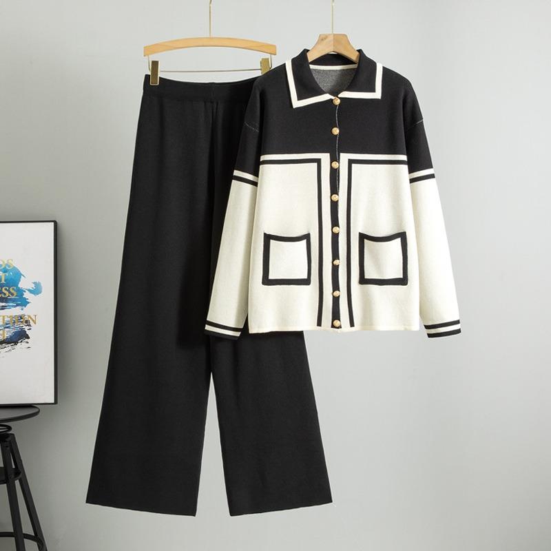 Плюс размер женский весенний новый лацкан цветной контрастный модный повседневный свободный вязаный кардиган из двух частей комплект