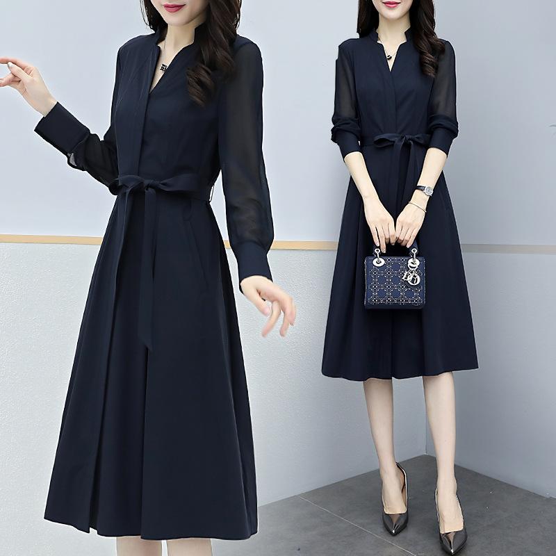 Весеннее и осеннее платье с длинным рукавом, модная женская тонкая юбка с v-образным вырезом на талии и талией