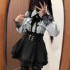 Japanese Black Short Skirt Set Gothic Ruffle Mini Skirts Sexy Lace Off Shoulder Lolita Shirt Gown Y2k Aesthetic Suit
