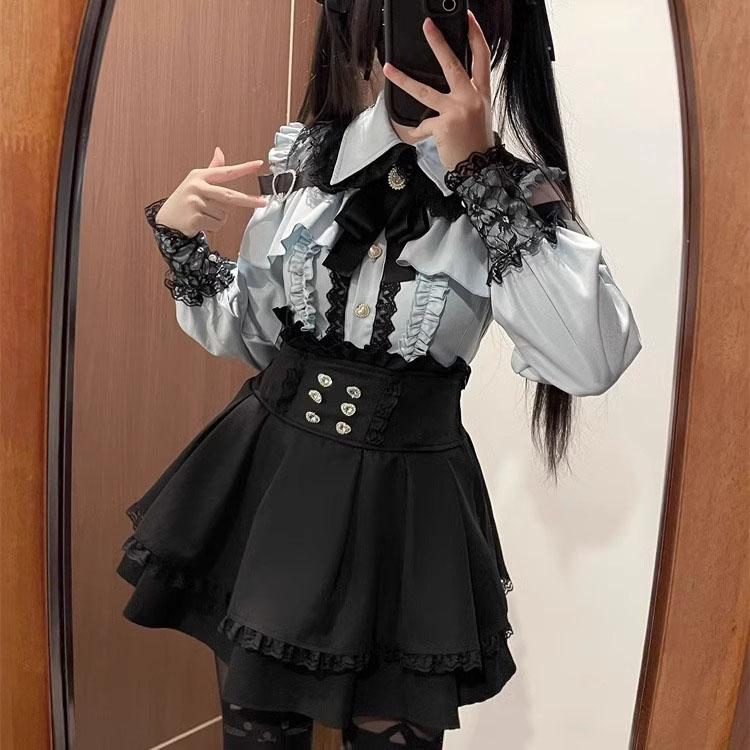 Japanese Black Short Skirt Set Gothic Ruffle Mini Skirts Sexy Lace Off Shoulder Lolita Shirt Gown Y2k Aesthetic Suit
