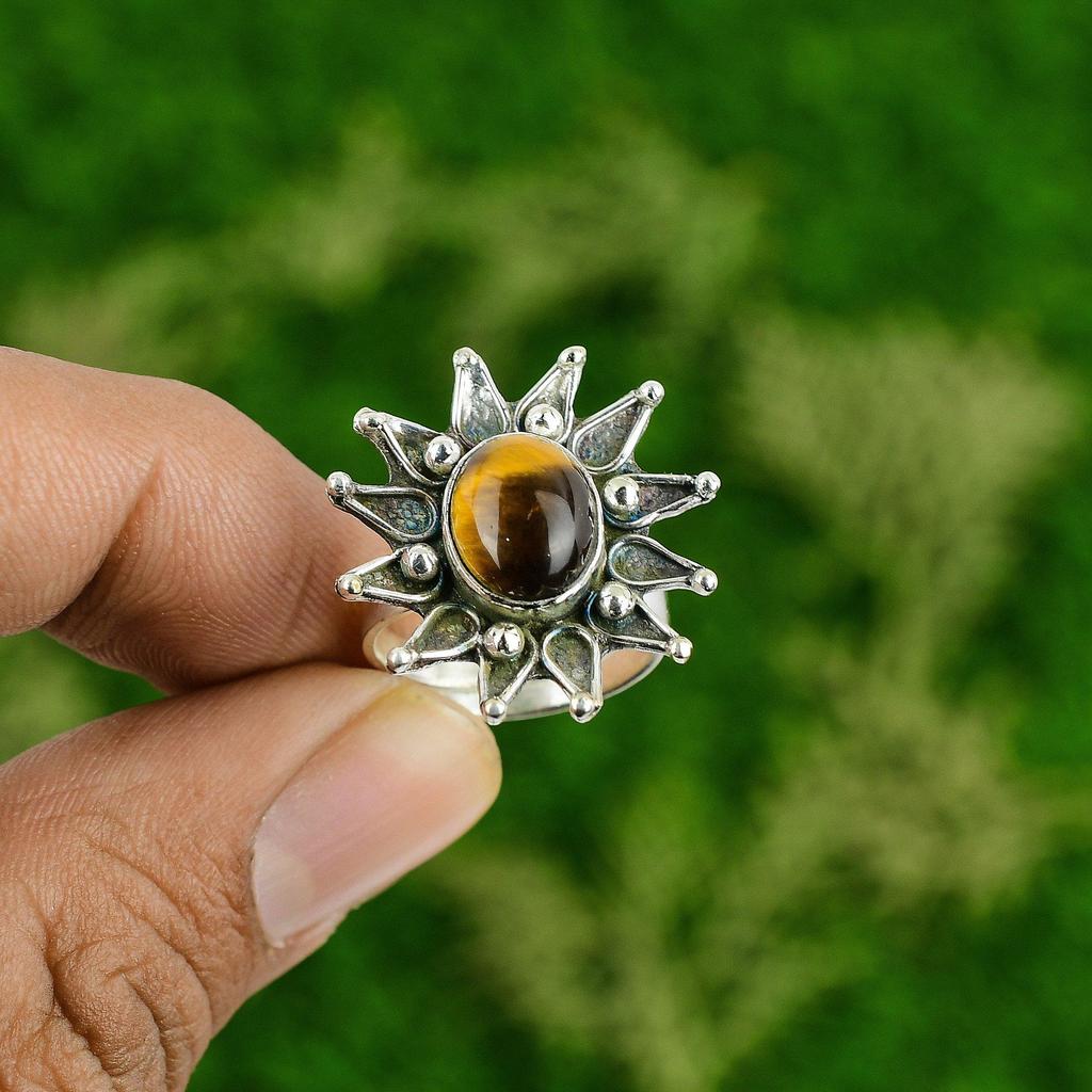 Womens day Deal Sterling Silver Tigers Eye Stone New Flower Promise Sister Ring