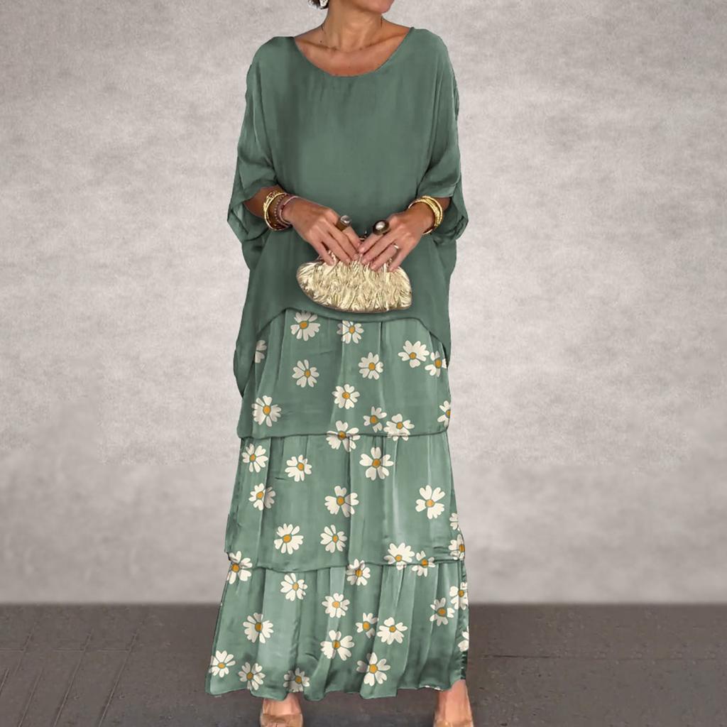 Вечернее платье с многослойным подолом в виде торта, контрастным цветным принтом, короткими рукавами, макси-платьем, рукавами «летучая мышь», мешковатым круглым вырезом, шифоновым платьем для выпускного вечера